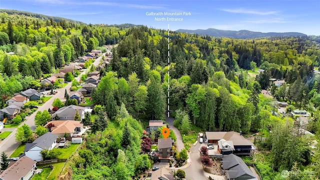 aerial view of residential area with a forest and a mountainous background