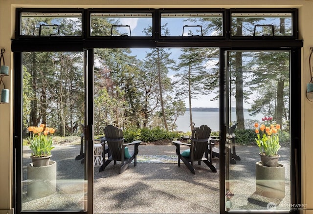 entryway featuring carpet flooring and a water view