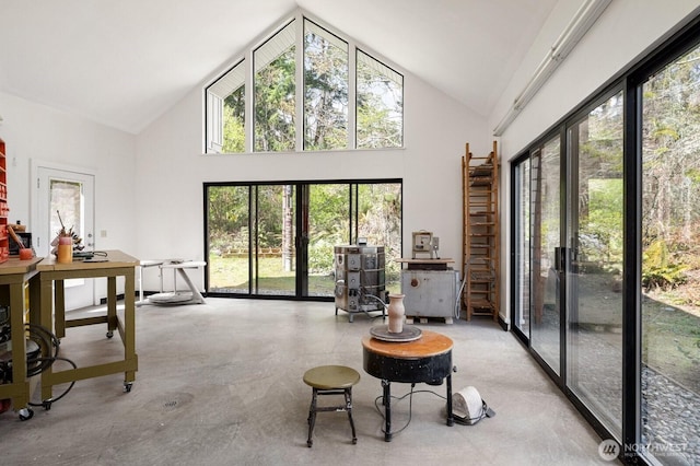 interior space with high vaulted ceiling and concrete floors