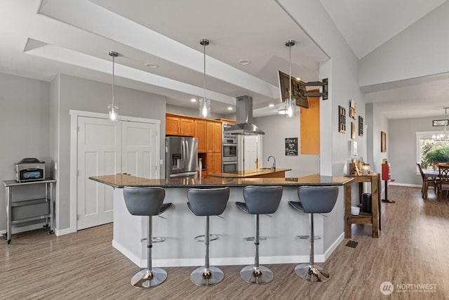 kitchen with stainless steel appliances, a kitchen breakfast bar, island exhaust hood, and wood finished floors
