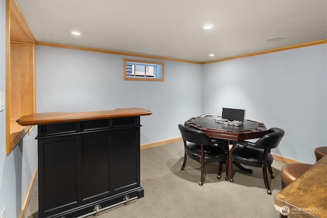 office area featuring crown molding, baseboards, light carpet, and recessed lighting