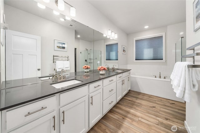 bathroom with a sink, a shower stall, double vanity, and wood finished floors