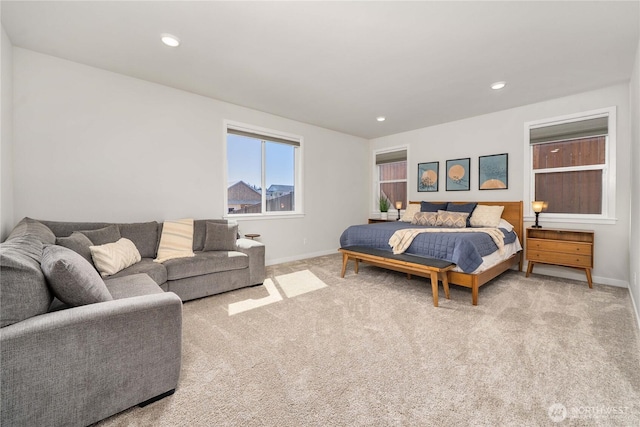 bedroom featuring carpet floors, baseboards, and recessed lighting
