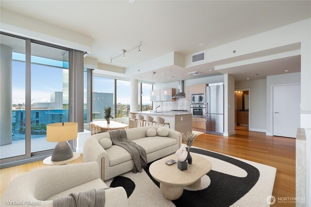 living room featuring light wood-style floors and visible vents