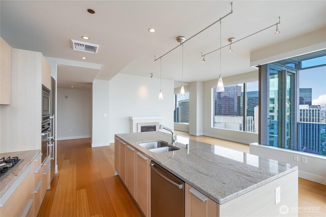 kitchen featuring appliances with stainless steel finishes, a sink, a fireplace, a kitchen island with sink, and visible vents
