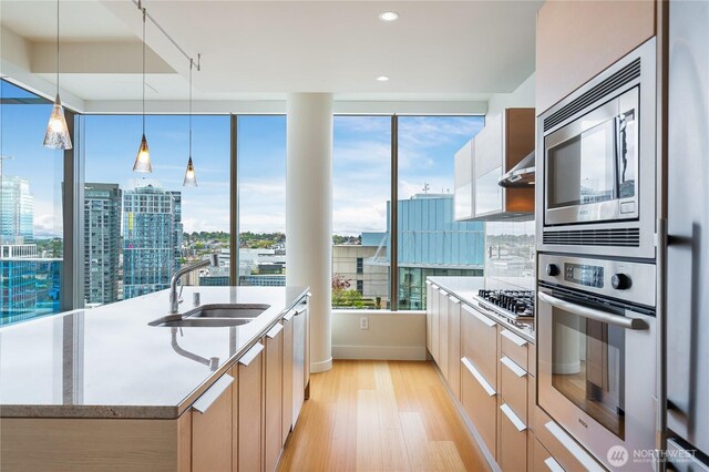 kitchen featuring decorative light fixtures, appliances with stainless steel finishes, modern cabinets, light wood-type flooring, and a sink