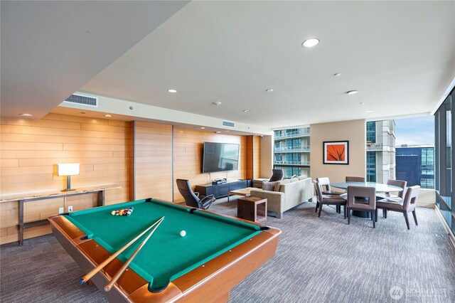 recreation room featuring carpet floors, visible vents, wooden walls, recessed lighting, and billiards
