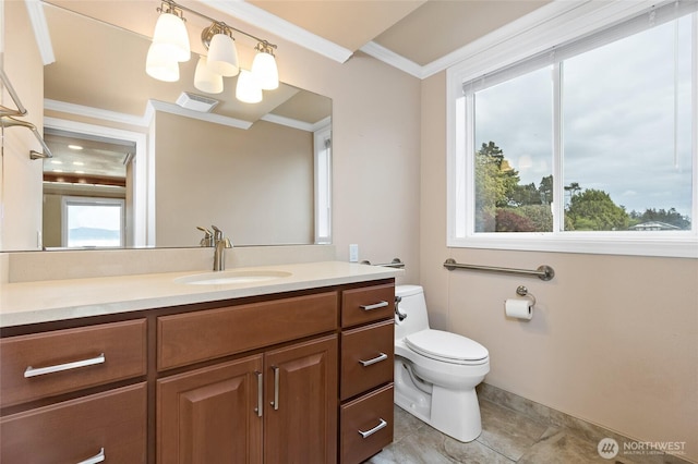 bathroom featuring visible vents, crown molding, tile patterned flooring, vanity, and toilet