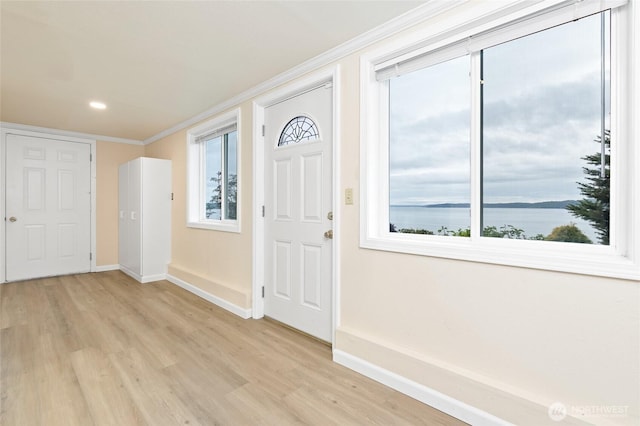 foyer with ornamental molding, a wealth of natural light, and light wood-type flooring