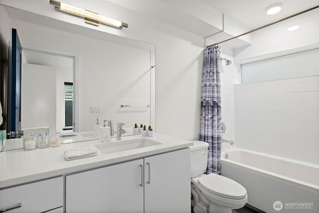 full bath featuring vanity, shower / bath combo, and toilet