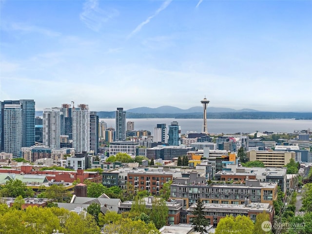 city view with a water and mountain view
