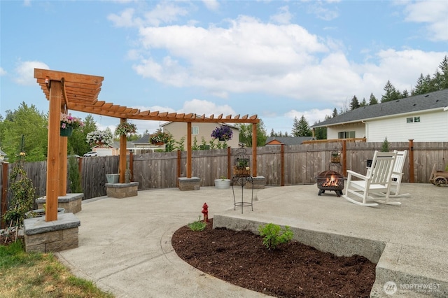 802 SE Cody St, Rainier, WA 98576 - view of patio featuring an outdoor fire pit, a fenced backyard, and a pergola