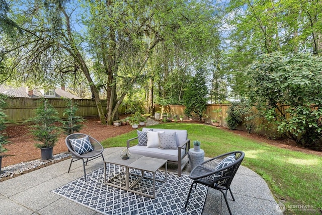 view of patio with a fenced backyard and an outdoor hangout area
