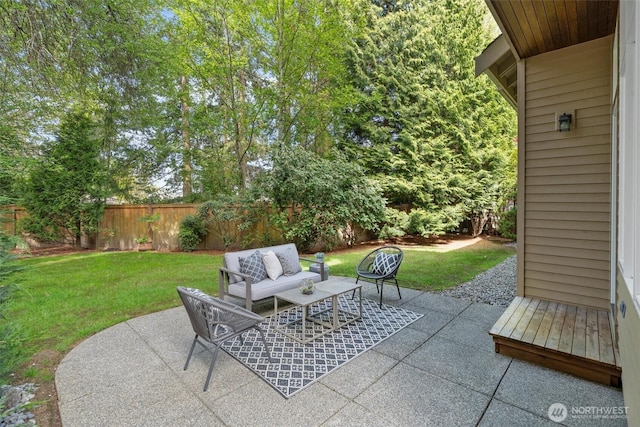 view of patio / terrace featuring a fenced backyard and outdoor lounge area