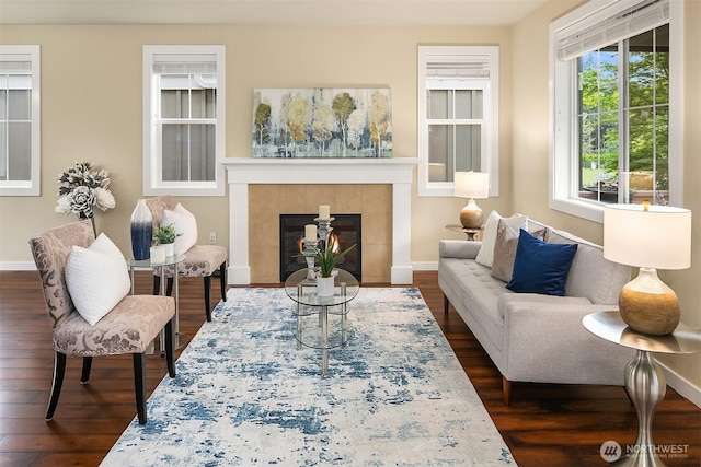 365 NE Denny Way, Issaquah, WA 98029 - living area with dark wood-type flooring, a fireplace, and baseboards