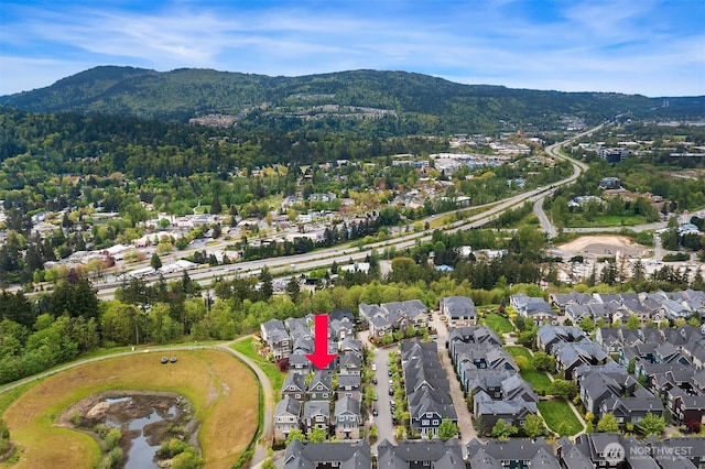 365 NE Denny Way, Issaquah, WA 98029 - aerial overview of property's location with a mountainous background and nearby suburban area