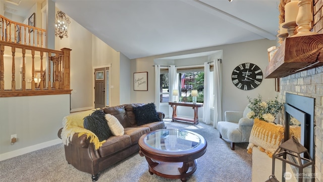 living area with baseboards, a large fireplace, carpet, and high vaulted ceiling
