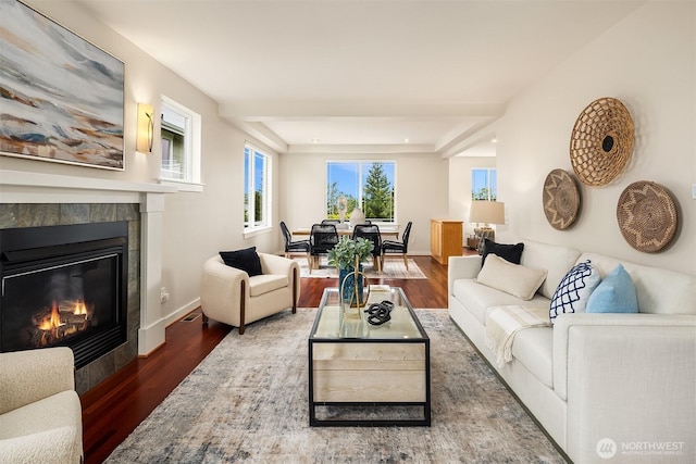 living room with baseboards, a fireplace, and wood finished floors