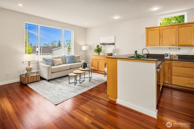 living room featuring recessed lighting, baseboards, and dark wood finished floors