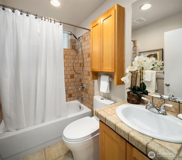 bathroom featuring recessed lighting, vanity, toilet, and shower / bath combination with curtain