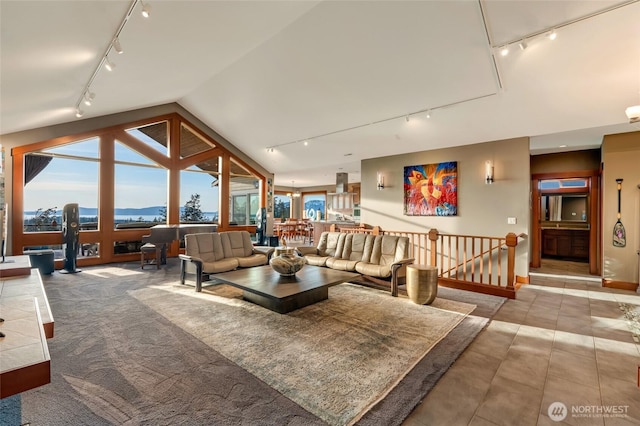 living room with track lighting, baseboards, and lofted ceiling