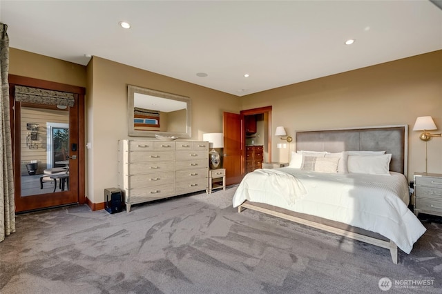 bedroom featuring recessed lighting, baseboards, and carpet floors
