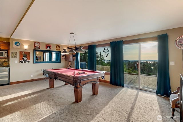 recreation room featuring baseboards, carpet flooring, and pool table