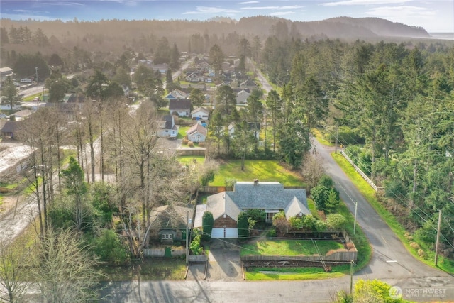 birds eye view of property with a residential view and a forest view