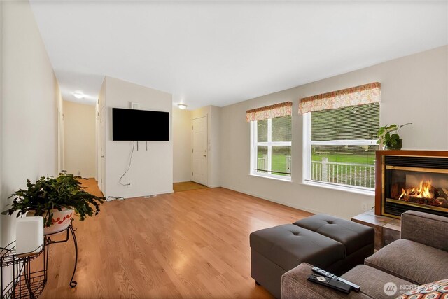 living room featuring light wood-style flooring and a glass covered fireplace