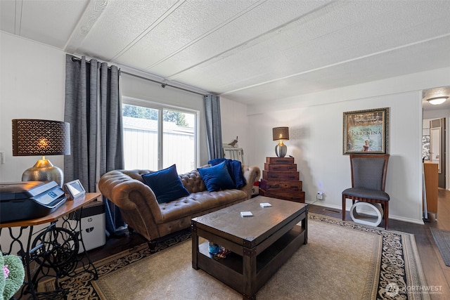 living area featuring a textured ceiling and wood finished floors