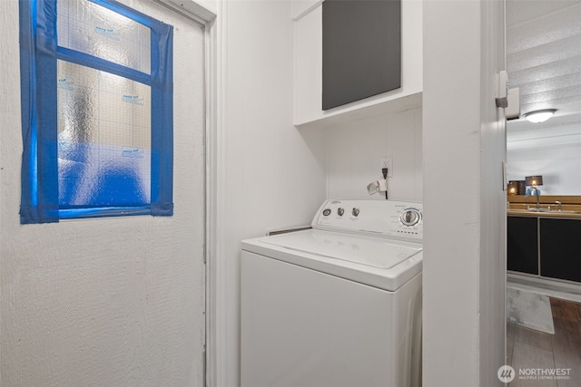 washroom featuring washer / dryer, laundry area, a sink, and wood finished floors