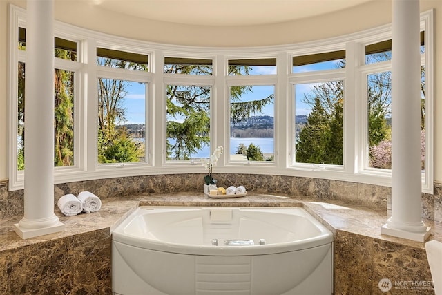 full bathroom with decorative columns, a wealth of natural light, and a garden tub