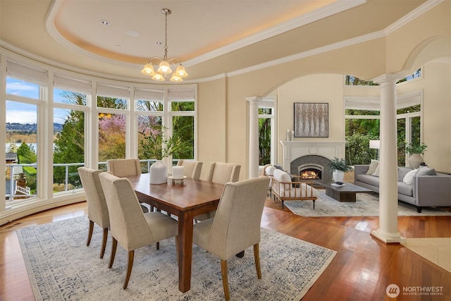 dining area with a healthy amount of sunlight, a warm lit fireplace, and decorative columns