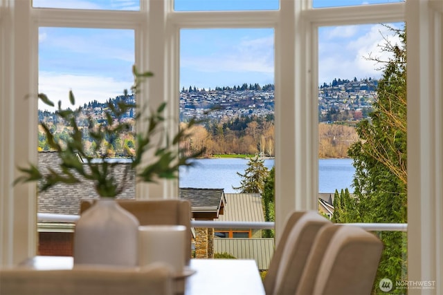 interior space featuring a water view