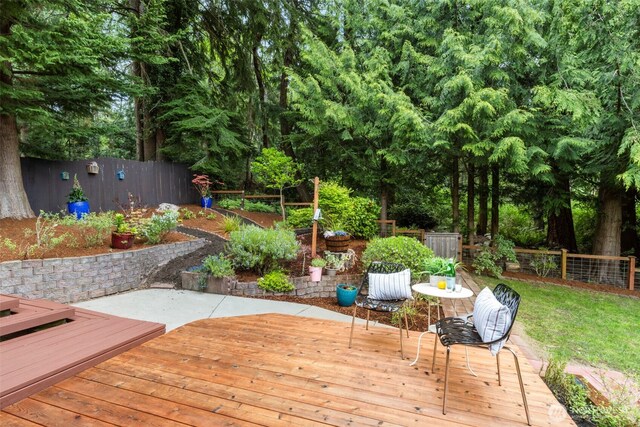 wooden deck with a fenced backyard