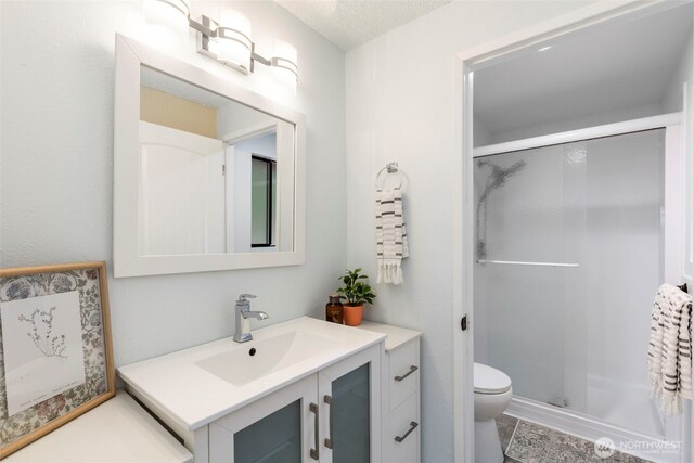 bathroom with vanity, toilet, and a stall shower