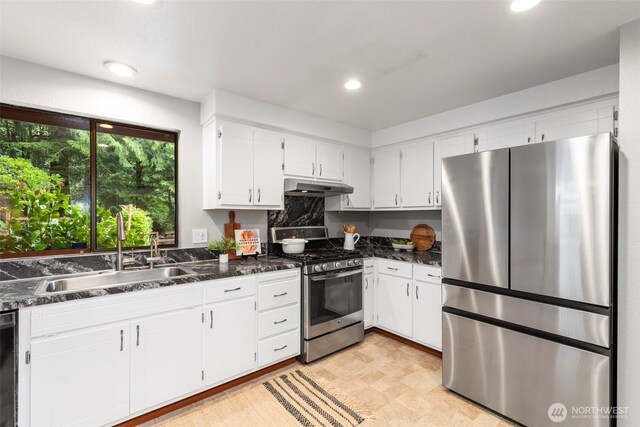 kitchen featuring recessed lighting, white cabinetry, under cabinet range hood, a sink, and stainless steel appliances