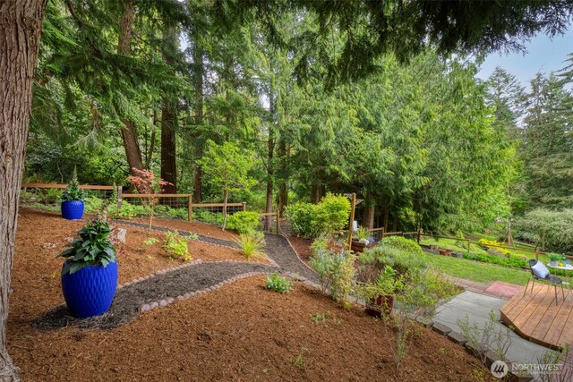 exterior space with fence, a vegetable garden, and a deck