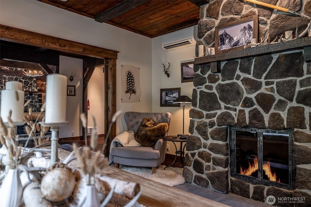 8105 Icicle Rd, Leavenworth, WA 98826 - living area with wooden ceiling, a wall mounted AC, and a stone fireplace