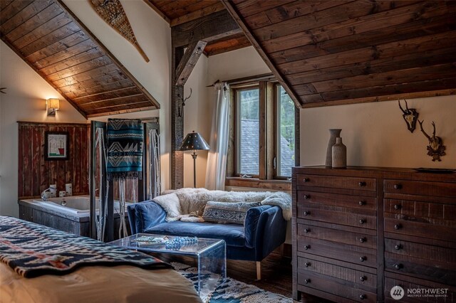 8105 Icicle Rd, Leavenworth, WA 98826 - bedroom featuring wooden ceiling, wood finished floors, and lofted ceiling
