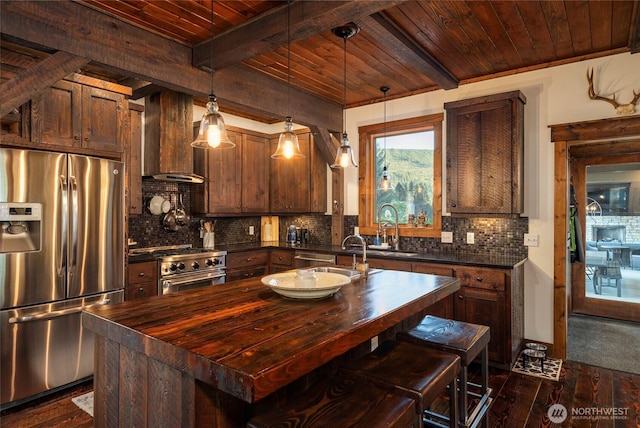 8105 Icicle Rd, Leavenworth, WA 98826 - kitchen featuring butcher block countertops, a sink, wooden ceiling, and appliances with stainless steel finishes