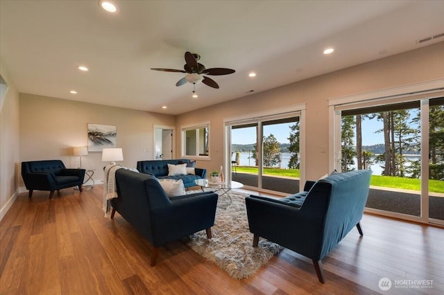 1447 Everette Ln, Freeland, WA 98249 - living area with recessed lighting, a ceiling fan, visible vents, and wood finished floors