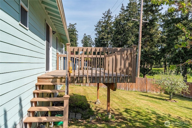 view of yard with fence and a wooden deck