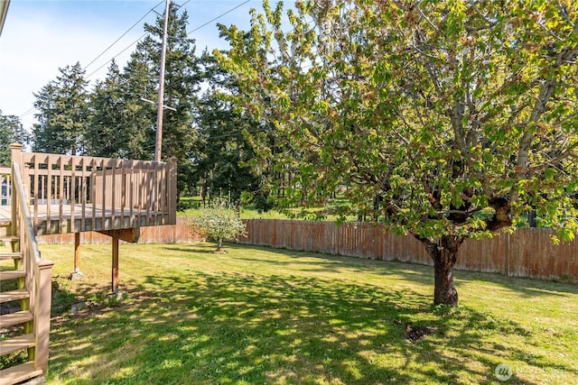 view of yard featuring a deck, stairway, and a fenced backyard