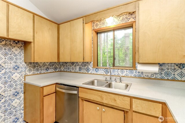 17936 Clearland Blvd SE, Yelm, WA 98597 - kitchen with dishwasher, a sink, light countertops, lofted ceiling, and light brown cabinets