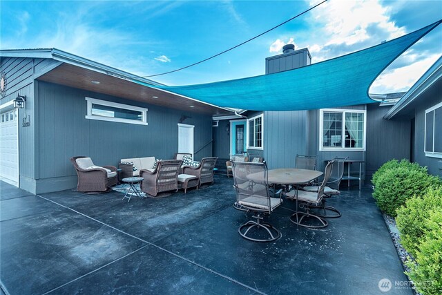 exterior space with an outdoor living space and outdoor dining area