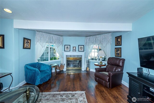 living room with baseboards, plenty of natural light, wood finished floors, and a tile fireplace