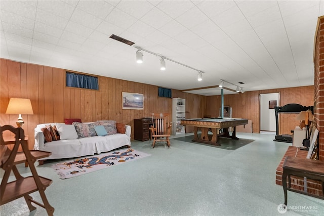rec room featuring wooden walls, pool table, and visible vents