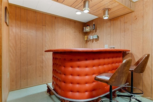 bar with a bar, wood walls, baseboards, and carpet floors
