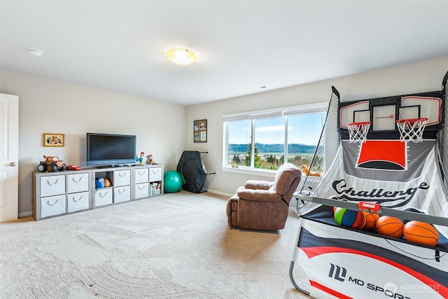 playroom with carpet floors and baseboards